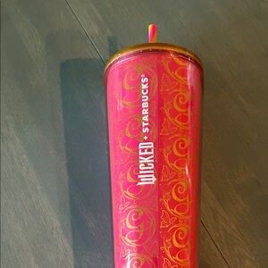 Starbucks Wicked (Glinda) Pink Tumbler with Gold Lid and Striped Straw